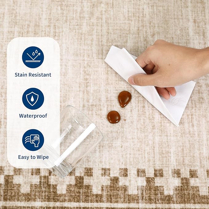 GarveeHome 8x10 Brown Bordered Living Room Rug Modern Non Slip Low Pile Carpet for Dining Room Home Office Geometric Minimalist Neutral Rugs for High Traffic Area, Beige