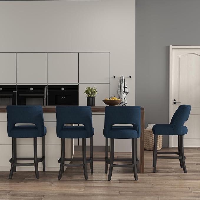 VKNOW Bar Stools Set of 2, Modern Counter Height Bar Stools, 26" Upholstered Counter Stools with Black Wood Legs for Kitchen Island Dining Room Bar, Blue-Black Legs