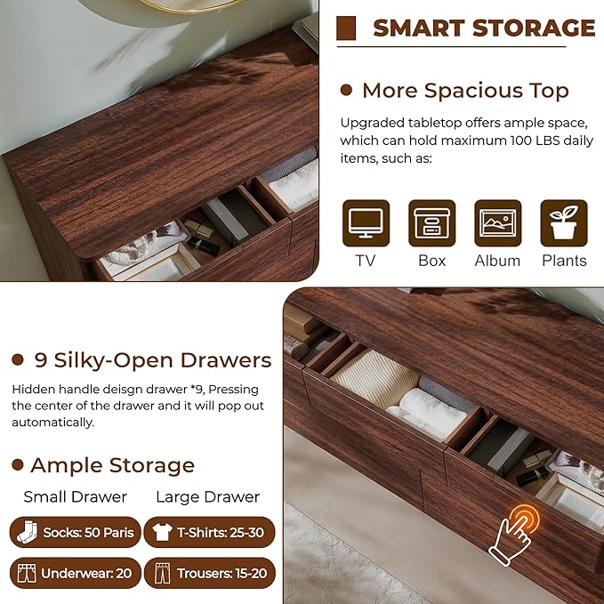 ACCOHOHO 9 Drawer Dresser for Bedroom, 52" Wide Modern Wood Dresser with Hidden Handle Drawers, Large Storage Chest of Drawers, TV Stand for Living Room & Hallway, Curved Profile Design, Dark Walnut
