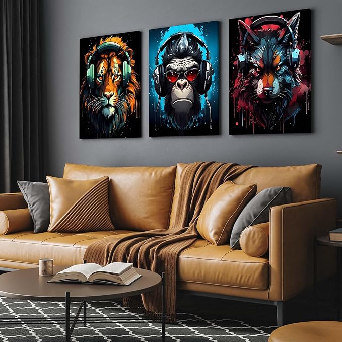 3 Piece Framed Canvas Wall Art, Modern Animal DJ Wall Decor with Lion, Monkey and Wolf, Colorful Pop Art Artwork for Living Room Bedroom Office Gaming Room, 12x16 Inch