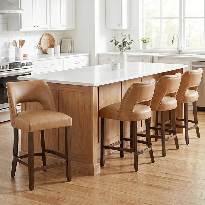 VKNOW 26" Bar Stools Set of 4, Faux Leather Counter Height Bar Stools with Backrest and Rubberwood Legs, Upholstered Barstools for Kitchen Island, Bar and Dining Room, Brown