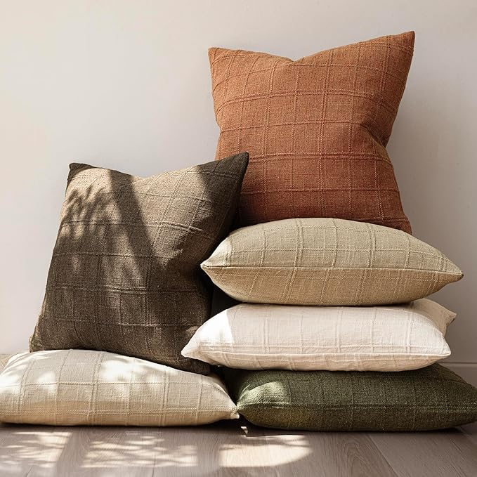 Foindtower Set of 2 Decorative Linen Check Throw Pillow Covers Neutral Farmhouse Lumbar Cushion Covers Modern Boho Home Decor for Sofa Chair Couch Bedroom Living Room,12×20 Inch,Orange