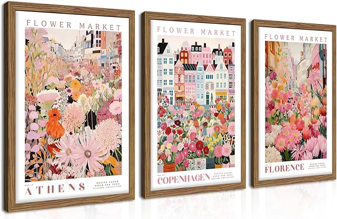 Floral Wall Art Set of 3, Colorful Flower Market Canvas Wall Decor Paintings, Pink Wildflower Botanical Posters Prints Pictures Artwork for Bedroom Living Room 16x24 Inch Wood Framed