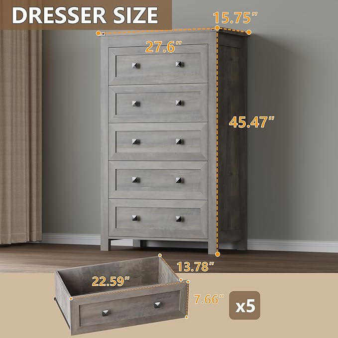 BORNOON Tall 5-Drawer Dresser, Modern Wooden Storage Chest of Drawers, Dresser TV Stand, Wood Drawer Organizer with Metal Handles for Bedroom, Living Room, Hallway