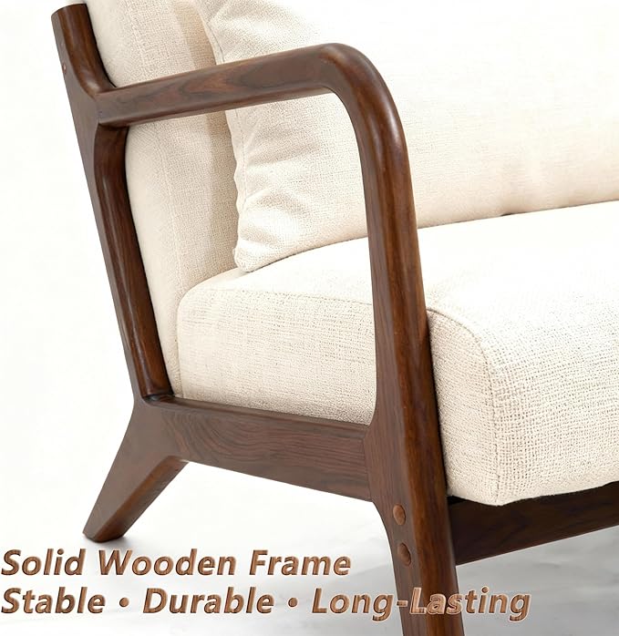 Mid Century Modern Accent Chair - Solid Rubberwood Frame Reading Armchair with Lumbar Pillow - Comfy Linen Lounge Chair for Living Room Bedroom Small Space - Heavy Duty 350lbs