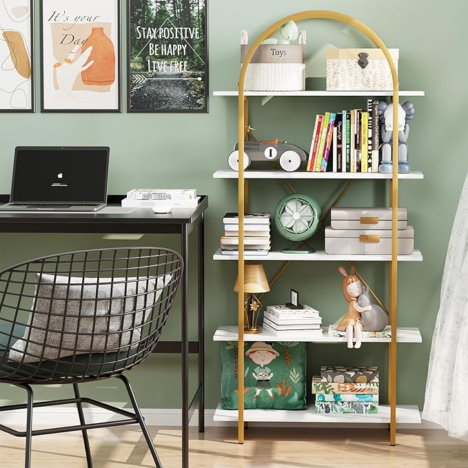 Arbuxzuy Arched Bookshelf 5 Tier Book Shelf, 31.5 Inch Width Industrial Arch Bookcase, Curved Tall Bookshelf with Open Shelves for Home Office, Living Room, Bedroom, Gold