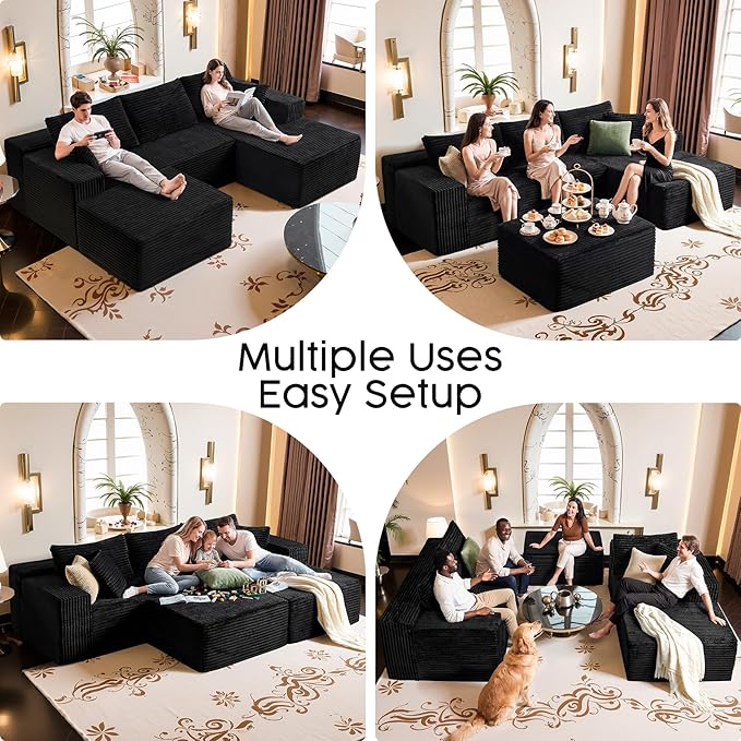 Black Sectional Couch with Ottoman, 108" Cloud Modular Couch for Living Room, Modern U-Shaped Sofa, No Assembly Required - Plush Corduroy Fabric & Deep Seat Comfort (Left Facing Chaise)