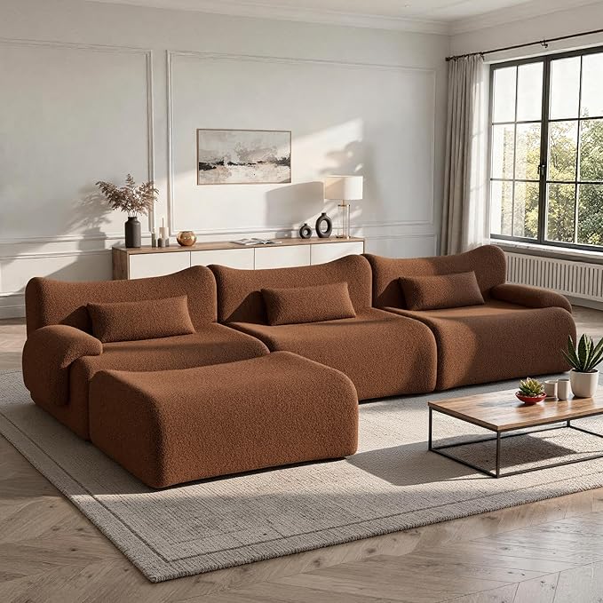 Cloud Couch Sectional, L Shaped Boneless Couches for Living Room - Oversized Modular Sofa with Deep Seats, Modern Couches with Movable Ottoman,Brown(red Brown)
