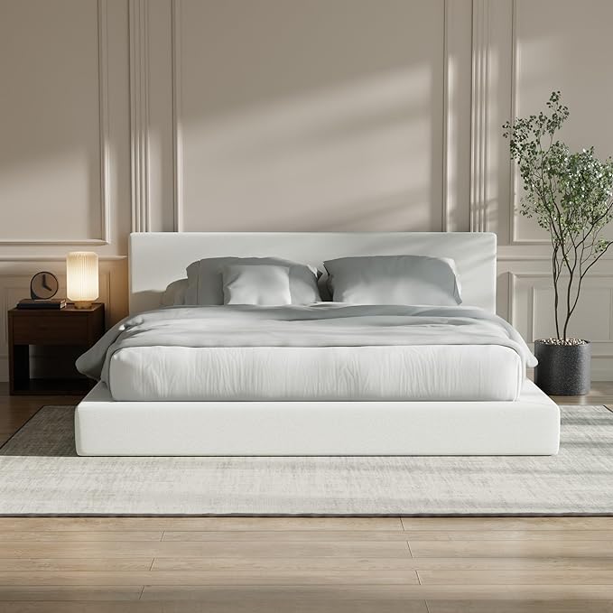 RECCI AirFrame California King Bed Frame with Headboard, Cloud Upholstered Platform Bed Frame, 5 Inch Foam Cushioned, No Box Spring, Easy Assembly(Snow White)