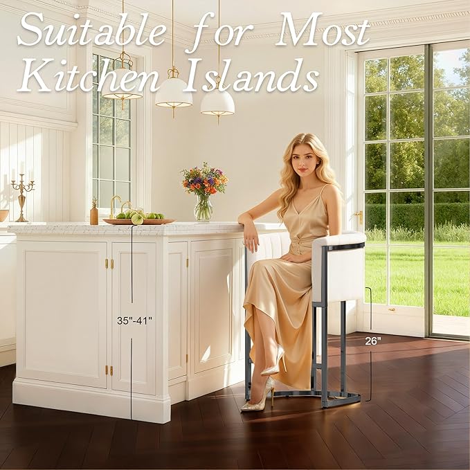 Modern Counter Height Bar Stools,Bar Stools Set of 4,Fabric Upholstered Barrel Barstools with Backs and Arms,26'' Kitchen Island Chairs,Metal Black Frames,Beige White Linen