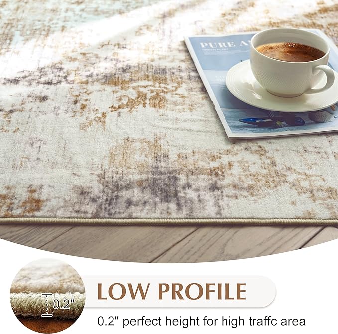 FMFUNCTEX 2x5 Runner Rug Washable Brown Grey Modern Abstract Neutral Non Slip Low Pile Entryway Hallway Soft Indoor Carpet for Kitchen Bedroom Bathroom Laundry Entrance Bedside Living Room, Grey Gold
