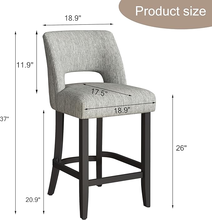 VKNOW Bar Stools Set of 6, 26" Upholstered Counter Height Bar Stools, Modern Counter Stools with Black Legs for Kitchen Island Dining Room Bar, Light Grey-Black Legs