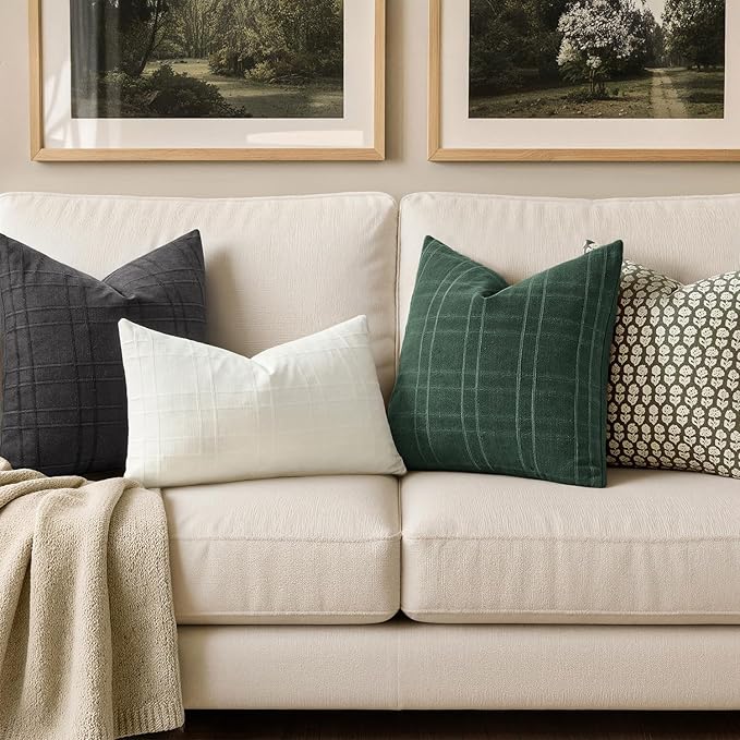 MIULEE Decorative Linen Check Throw Pillow Covers Neutral Farmhouse Vintage Spring Pillow Covers 20x20 Set of 2 Boho Modern Home Decor for Sofa Couch Bedroom Cushion Dark Green