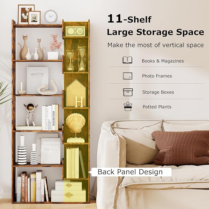 Tangkula 6-Tier Bookshelf, 64”H Tall Open Bookcase with Anti-Tip Kits, Home Office Free-Standing Wood Room Divider Display Shelf, Modern 11-Shelf Storage Rack for Study, Living Room (1, Rustic Brown)
