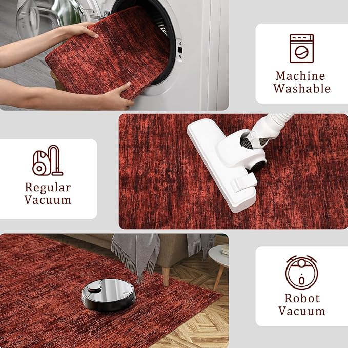 RUGSREAL 8x10 Washable Rug for Living Room Non-Slip Modern Abstract Area Rug Stain Resistant Large Bedroom Rug Contemporary Accent Throw Floor Carpet Solid Rug for Dining Room Home Decor, Red