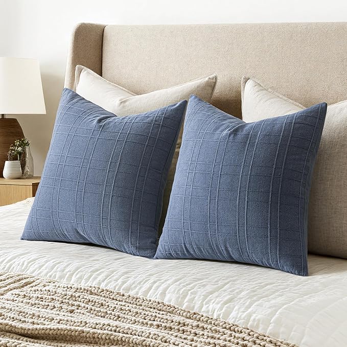 MIULEE Decorative Linen Check Euro Shams Throw Pillow Covers Neutral Farmhouse Vintage Pillow Covers 26x26 Set of 2 Boho Modern Home Decor for Sofa Couch Bedroom Cushion Blue