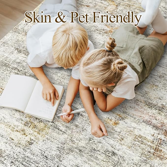Soalmost Washable Area Rug 8x10, Large Soft Abstract Rugs for Living Room Vintage 8x10 Area Rugs for Bedroom Dining Room Non-Slip Stain Resistant Under Table Gray Rust Rug