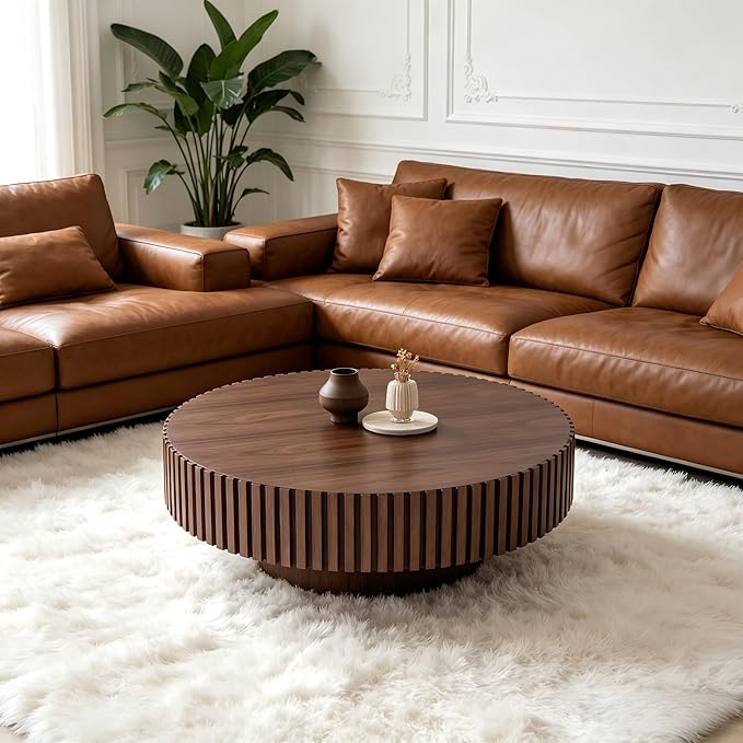 KEVINSPACE Round Coffee Table, 39" Big Wooden Fluted Coffee Table with Fluted Base, Circle Accent Center Table for Living Room Apartment Office Small Space, Easy Assembly, Walnut