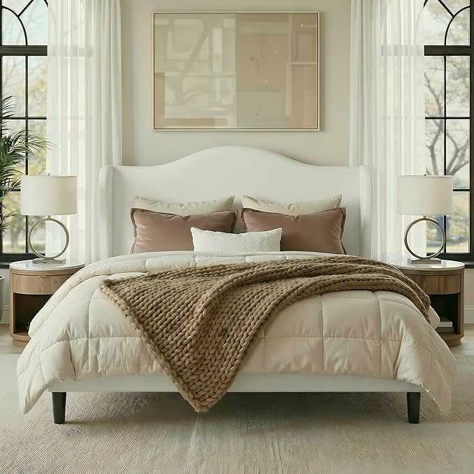 Allewie Full Size Bed Frame, Upholstered Wingback Platform with 47" Tall Tufted Headboard, Plush Velvet Fabric, Modern Minimalist Design, No Box Spring Required, Tool-Free Assembly, White