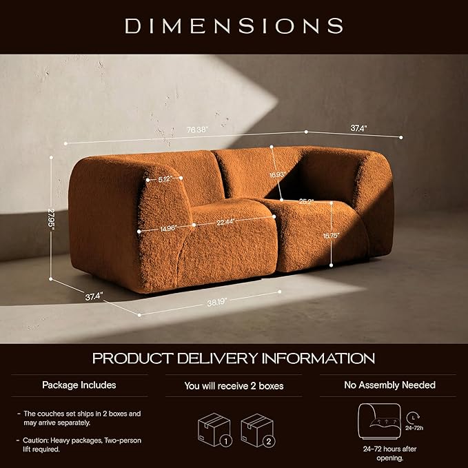 Curved Single Sofa Corner Chair, 38" Boneless Sherpa Couch, Comfy Teddy sofas for Small Spaces, Modern Sectional Modular Couches for Living Room, Bedroom, Apartment, Dorm, Office– No Assembly, Orange