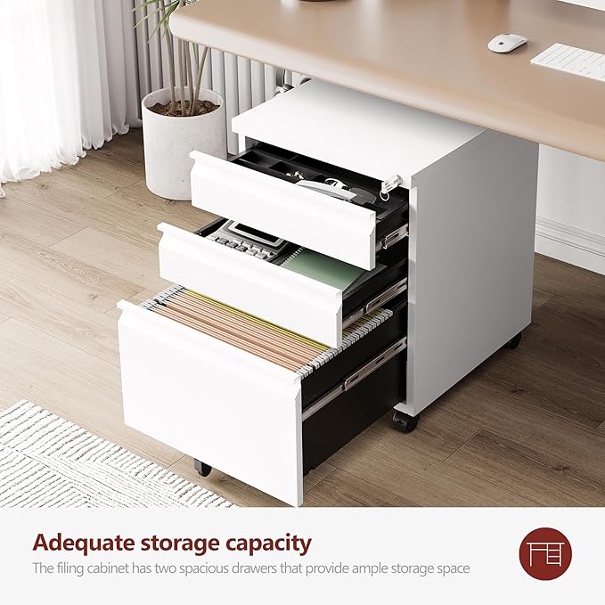 RAVIGIN 3 Drawer File Cabinet，Mobile Filing Cabinet with Lock and Wheels，Un-Assembled Metal Under Desk File Cabinets for A4/Letter/Legal Size（White