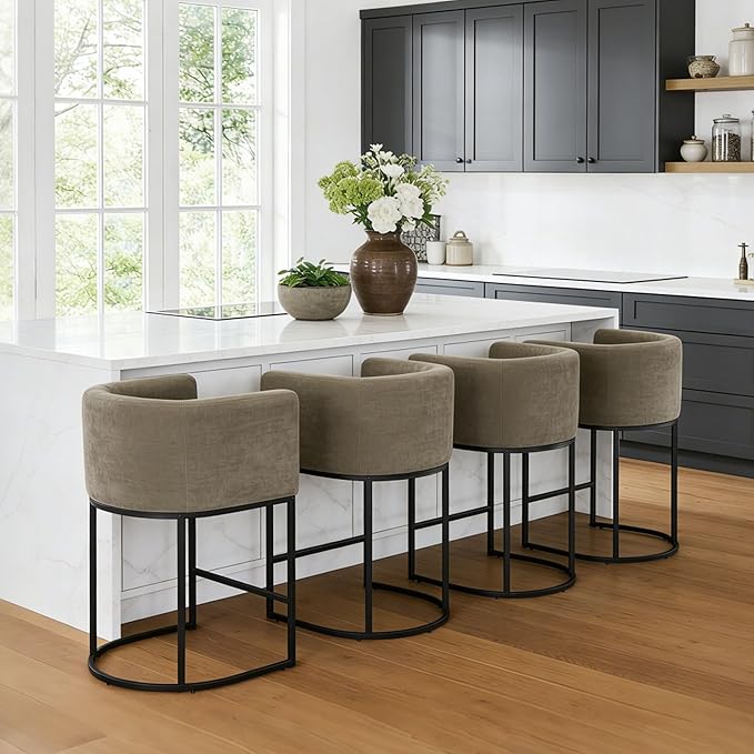 ClinQ 26" H Counter Height Bar Stools Set of 2, Modern Barrel Counter Stools with Backrest and Arms, Black Metal Frames, Chenille Fabric Upholstered Accent Barstools for Kitchen Island, Brown