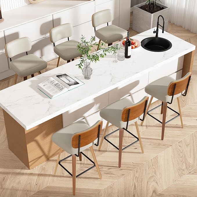 Swivel Bar Stools Set of 6, 26" Upholstered Faux Leather Counter Height Barstools with Walnut Back & Bentwood Legs, Mid Century Modern Bar Chairs Island Stools for Kitchen Counter, Beige Grey
