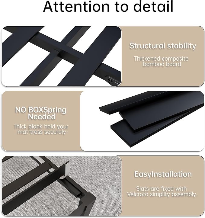 14 Inch Bamboo Bed Frame – Solid Wood Platform Bed Frame, Strong and Stable, with Non-Slip Slats for Support, No Box Spring Needed, Easy to Assemble, Noise-Free (Black, Queen)