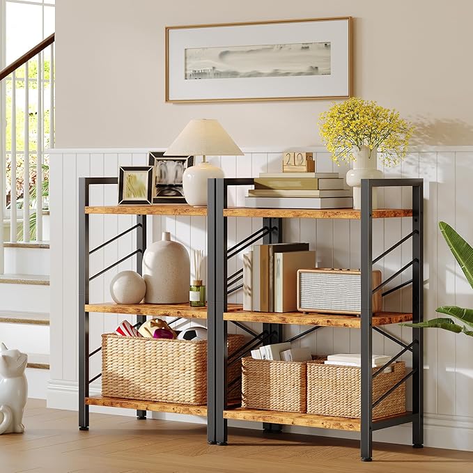 DurayLoly 2 Pieces Book Shelf, 3 Tier Industrial Bookcase with Metal Frame and Sidebars, Small Bookshelf for Living Room, Bedroom, Home Office, Rustic Brown