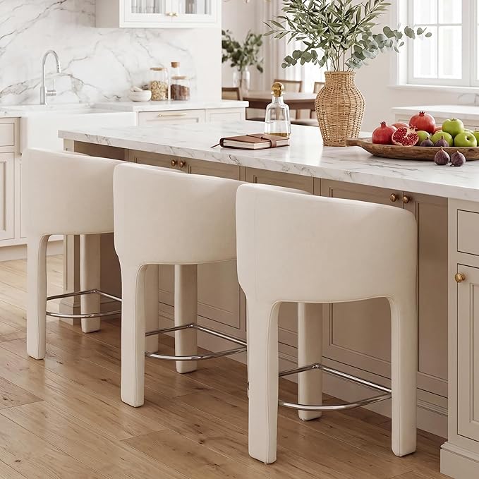 HNY Modern Counter Height Bar Stools Set of 3, 26”H Barrel Counter Stools for Kitchen Counter, Upholstered Barstools with Back and Armrest, Velvet Bar Stools for Kitchen Island, Home Bar, Cream