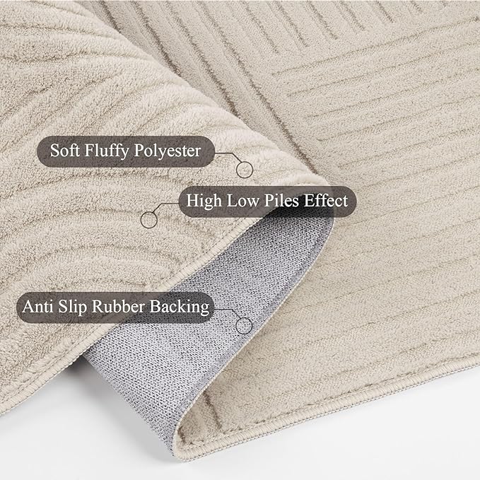 SHACOS Soft Cozy Fluffy Arch Pattern High Low Pile Area Rugs 5'x7' Non Slip Washable Scandinavian Minimalist Rug Modern Geometric Arc Carpet for Living Room Bedroom Dining Room, Beige