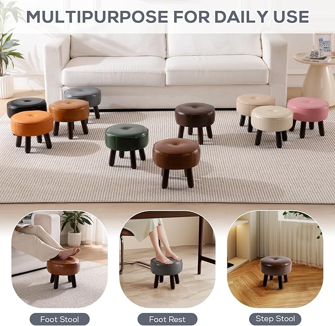 oakvivo Ottoman, Small Foot Stool, Round Leather Pouf Ottoman, 13''L x 13''W x 10.2''H Foot Rest with Non-Skid Rubber Legs for Living Room Bedroom Couch Entryway, Grey