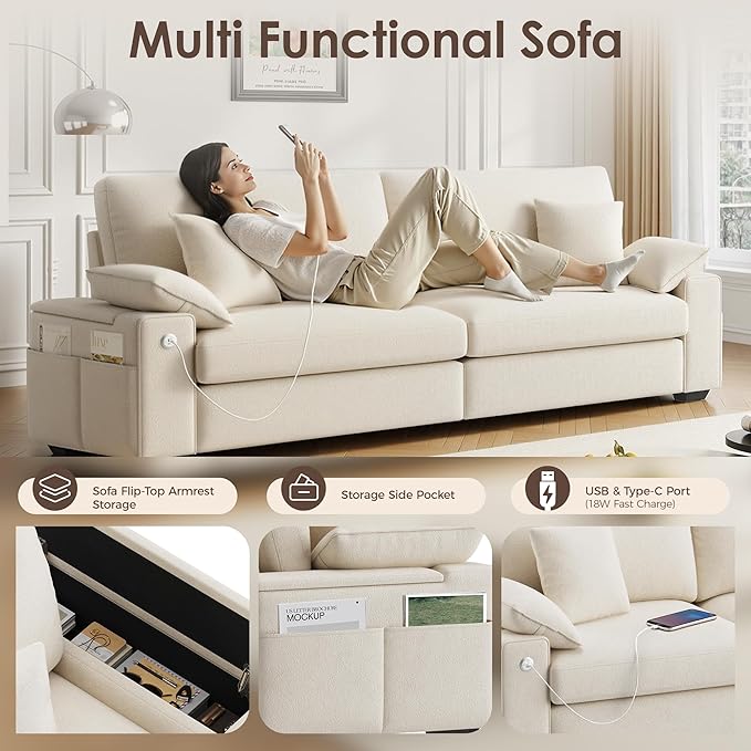88.58" 3 Seats Deep Seat Sofa Couch, Beige | Side Storage, Removable Cover, Wide Armrest, Fabric, For Small Space