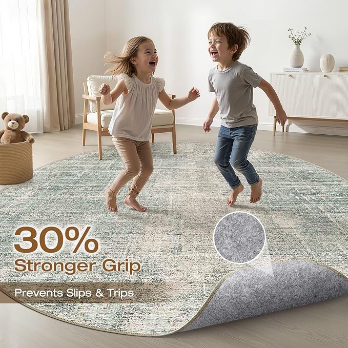 8ft Round Rug Living Room: 8x8 Washable Large Neutral Green Circle Area Rug Abstract Soft Modern Stain Resistant Indoor Floor Non-Slip Carpet for Bedroom Nursery Kids Office Playroom Dining Room