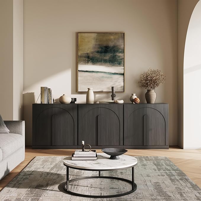 BELLEZE Bijou Modular Media Console Wall Unit (94.5" Wide)-Extra Long Entertainment Center & Storage System-Arched Door Sideboard for Living Room & Office-Hides All Clutter, Ebony