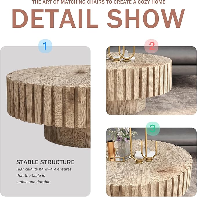 Round Wood Coffee Table for Living Room Modern Rustic Fluted Solid Wood Coffee Table Pedestal Center Table Circle Tea Tables for Apartment Easy Assembly(31.5''Oak Natural)