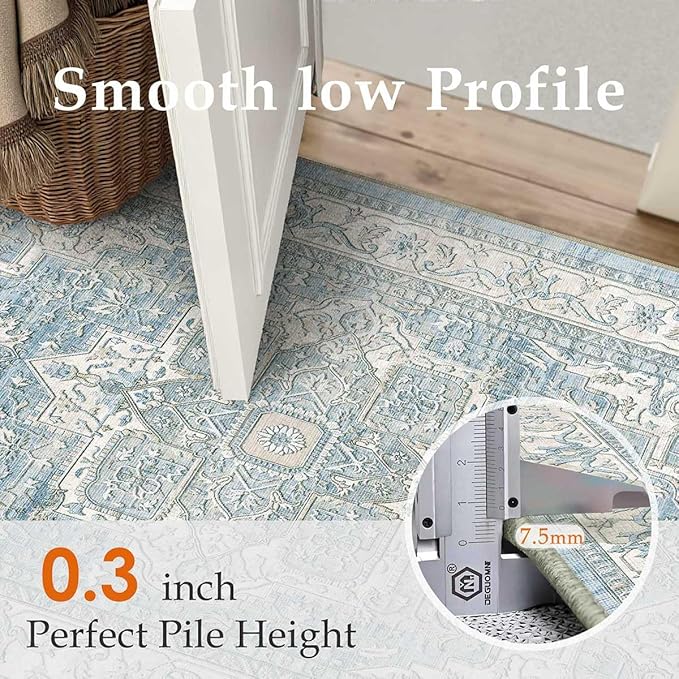 2x8 Washable Vintage Runner Rug Blue Oriental Hallway Kitchen Throw Rug Neutral Non Slip Soft Low Pile Carpet for Bathroom Laundry Bedroom Living Room