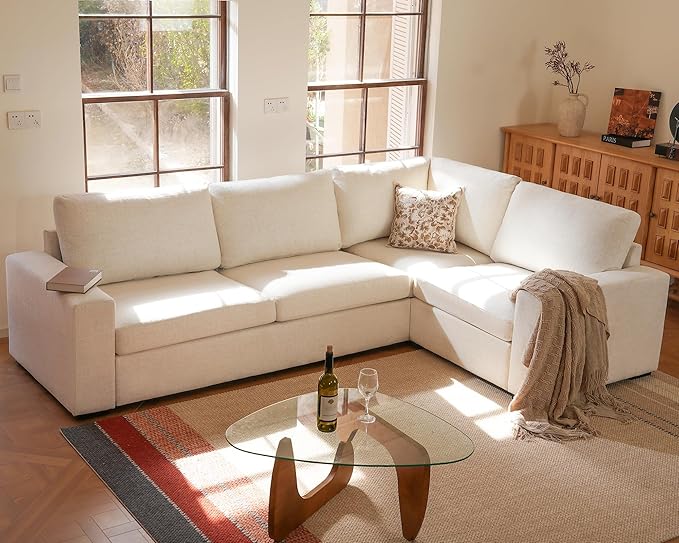 ELUCHANG 113" V-Shaped Modular Sectional Sofa Couch, Modern 4-Seat Comfy Linen Deep Seat Sofa with Corner, Removable Cover, Easy Assembly, Large Sofas & Couches for Living Room, Office, Beige | Spring Cushions, Easy to Clean, Deep Seat
