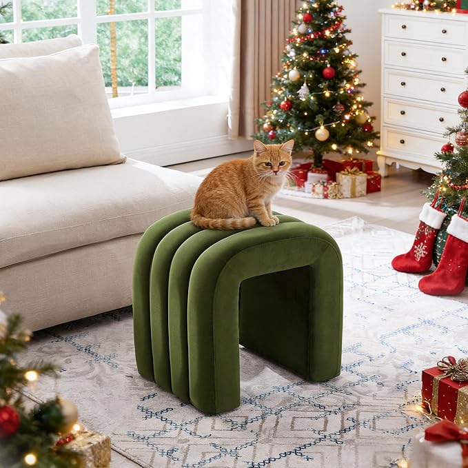 Multi-Functional Ottoman Stool, Footrest for Couch, Modern Vanity Stool for Make-up Room, Living Room and Entryway, Small Cute Footstool (Olive Green Velvet)