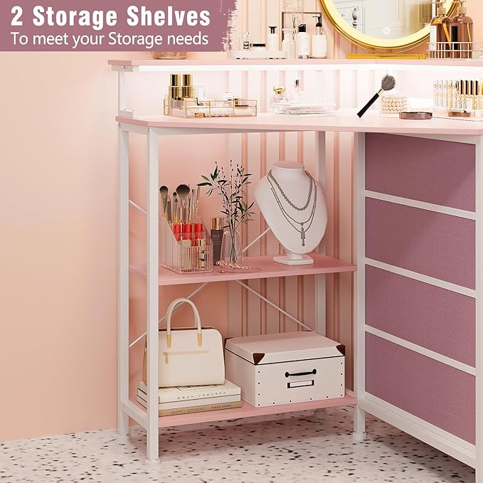 VENNQD Corner Desk with Drawers Shelves for Small Space 90 Degrees Triangle Computer Desk with Power Outlets,Gaming Desk with LED Lights Monitor Stand for Home Office Workstation Writing Table (Pink)