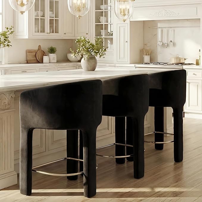 HNY Modern Counter Height Bar Stools Set of 3, 26" H Barrel Counter Stools for Kitchen Counter, Upholstered Barstools with Back and Armrest, Black Velvet Bar Stools for Kitchen Island, Black
