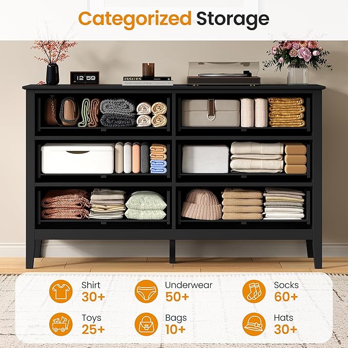 RoyalCraft Black 6 Drawer Dresser, Fluted Modern Wood Dresser, Double Chest of Drawers for Bedroom, TV Stand Storage Cabinet for Living Room