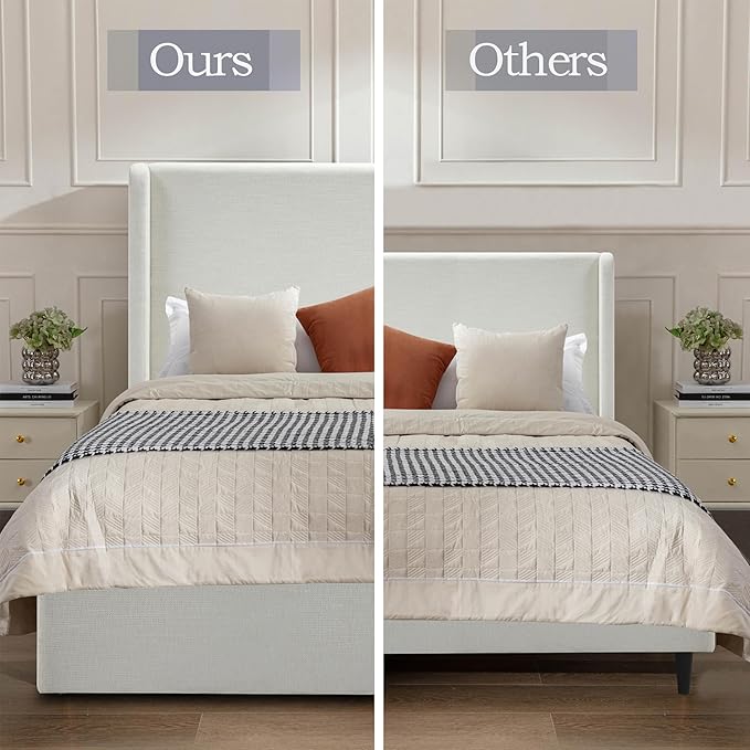 California King Size Upholstered Platform Bed Frame, 52" High Headboard Carmen Wingback Beds, Tall Headboard King Floor Bed Frames, No Box Spring Needed No Noise, Minimalist, Textured Ivory