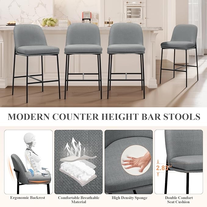 COLAMY Counter Height Bar Stools Set of 4, 25 Inch Modern Fabric Kitchen Island Stools with Back, Upholstered Counter Barstools Armless Bar Chairs with Metal Legs for Island Dining Room Bar,Dark Grey