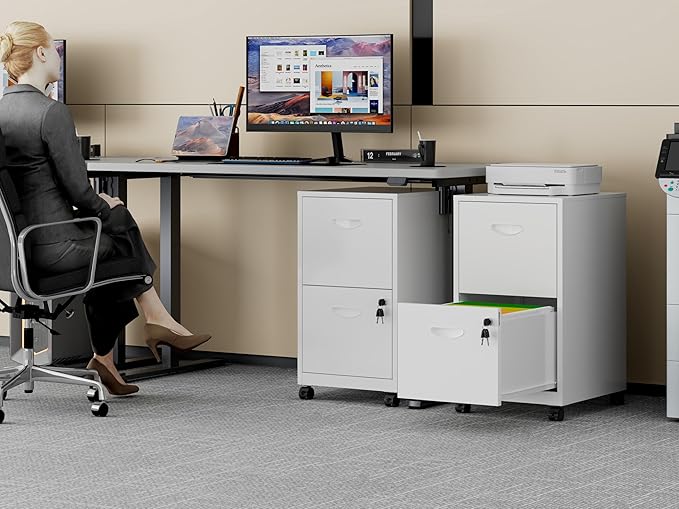 Polup 2 Drawer Rolling File Cabinet on Wheels, Mobile Two Drawer Filing Cabinet with Lock, Small Files Cabinets for Under Desk, Metal Filing Cabinets for Letter Size Folders, White - Assembly Required