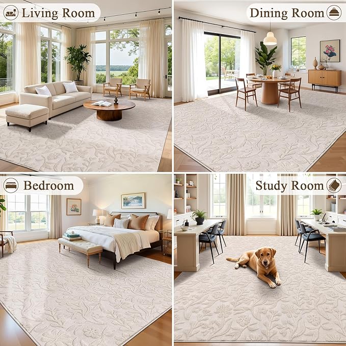 Vaukki 9x12 Area Rug for Living Room, Soft Fluffy Washable Modern Floral Indoor Floor Mat, Non Slip Shaggy Boho Accent Throw Carpet for Bedroom, Living Room, Nursery and Dining Room, Beige