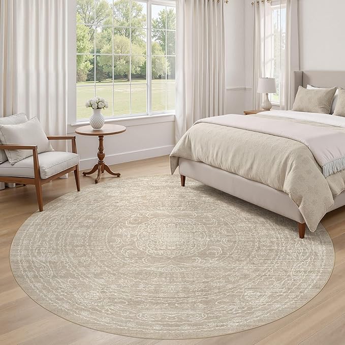 8ft Round Rug Living Room: Washable Large Vintage Rug Neutral Non-Slip Soft Stain Resistant Indoor Carpet for Bedroom Nursery Dining Room Under Table Bed Home House Office Playroom - Brown