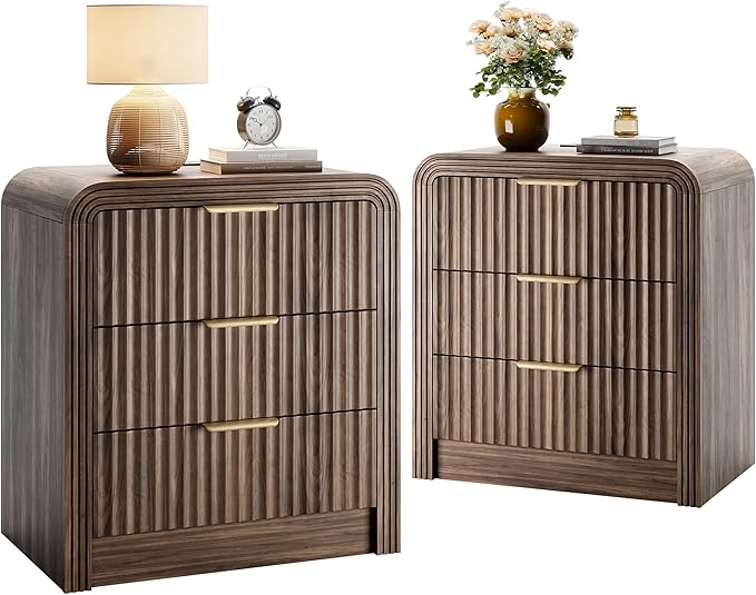 Decofy Fluted Nightstand with Charging Station, Modern Bedroom Side Table with Gold Handles, Curved Profile Design, End Table Wood Organizer for Bedroom, 19.7" & 3 Drawers (2 Pack, Walnut)