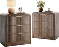 Decofy Fluted Nightstand with Charging Station, Modern Bedroom Side Table with Gold Handles, Curved Profile Design, End Table Wood Organizer for Bedroom, 19.7" & 3 Drawers (2 Pack, Walnut)