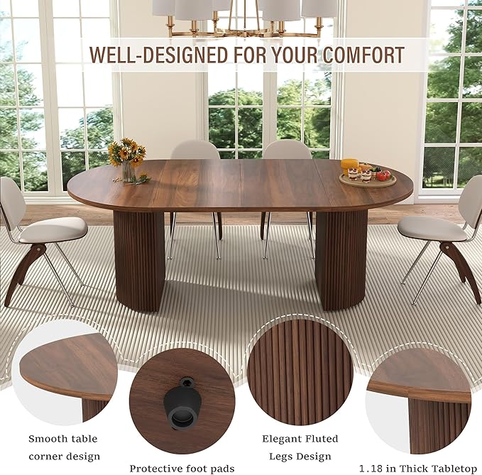 41 in-78 in Extendable Dining Room Table for 4-8, Round Expandable Kitchen Table with Fluted Base, Modern Farmhouse Oval Dinner Tables for Dining Room Kitchen Living Room (Walnut)